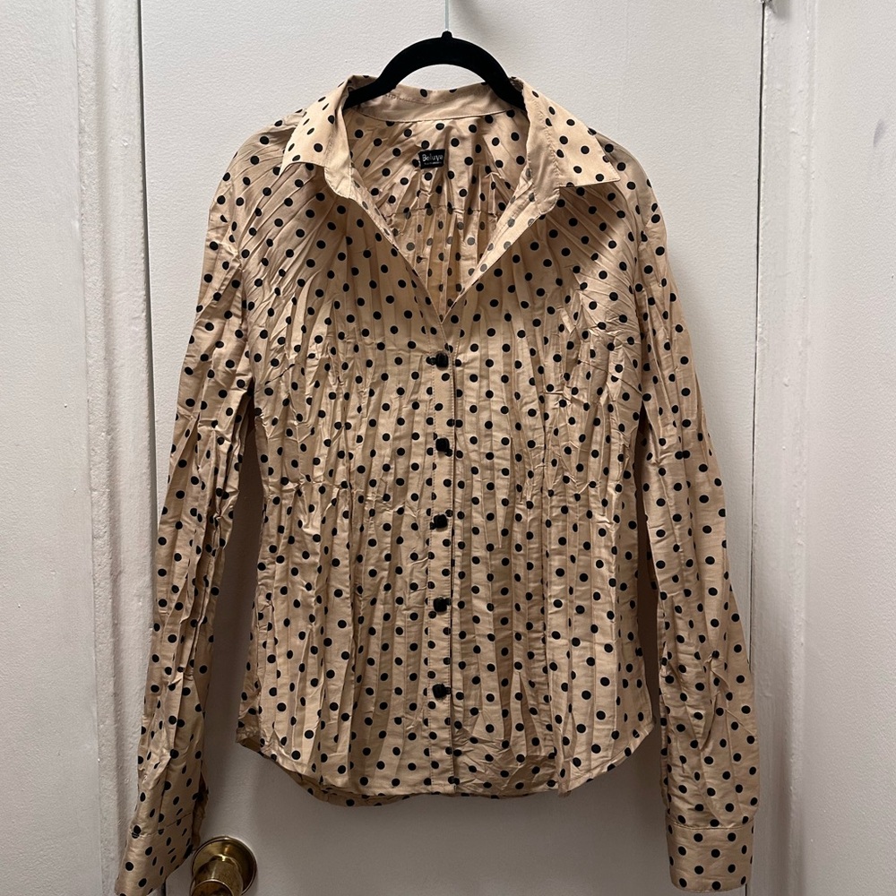 Beluva silk permanently wrinkled Polka Dot Blouse - Cream and Black
